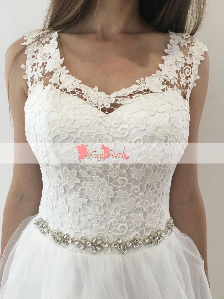 Simple Charming See-through Lace Unique Open Back A-line With Beaded Sash Wedding Dresses,DB0127
