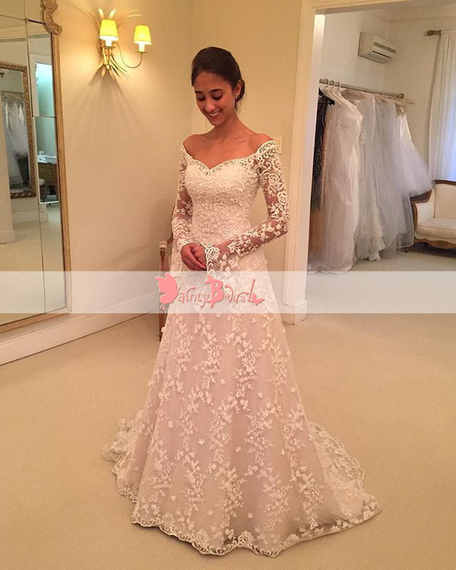 Gorgeous Lace Appliques Unique Long Flare Sleeve A-Line With Chapel Train Wedding Dresses,DB0125