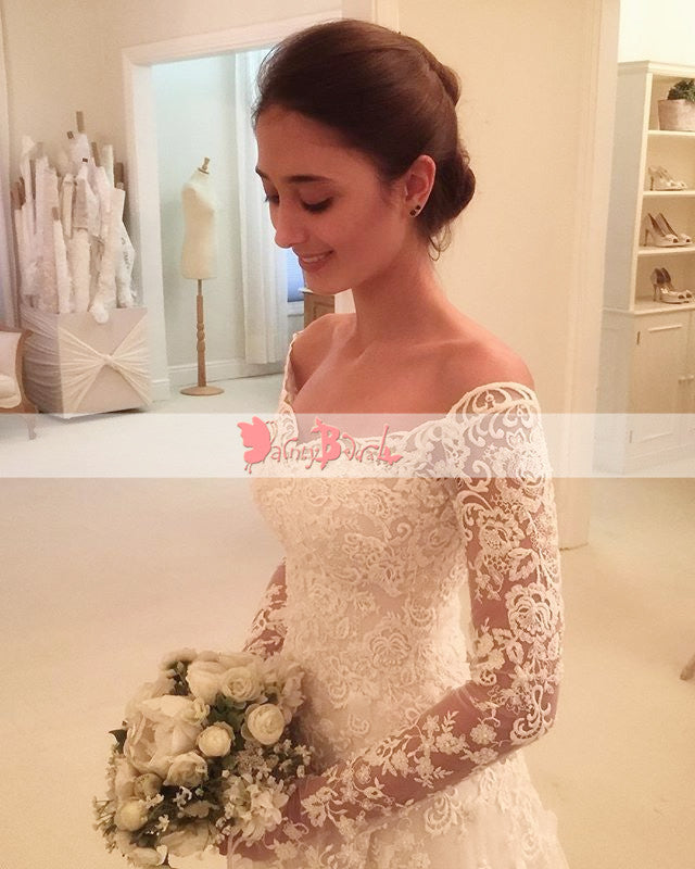 Gorgeous Lace Appliques Unique Long Flare Sleeve A-Line With Chapel Train Wedding Dresses,DB0125