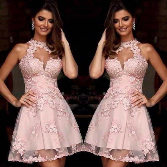 Elegant  A-line Pink Halter Lace Appliques Sleeveless Backless V-neck  Knee-length Homecoming Dress,BD0102
