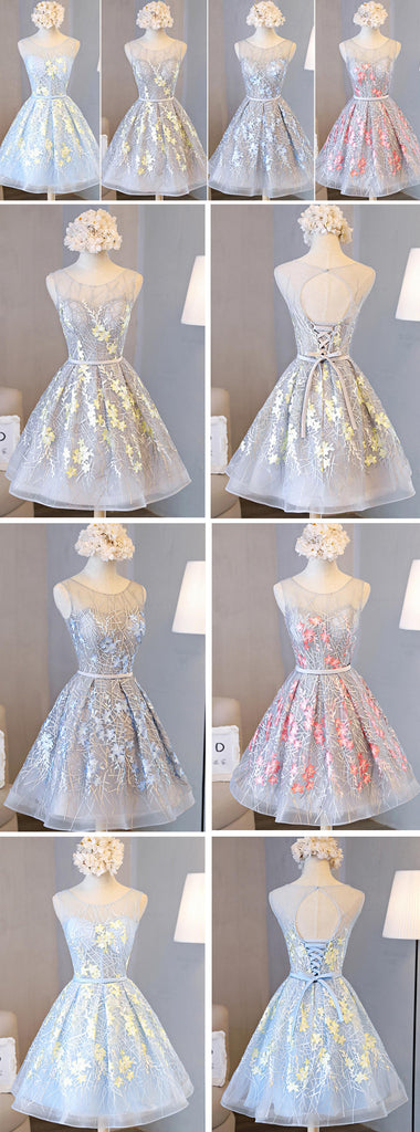 Junior Cute Sleeveless Clairvoyant Outfit Keyhole Lace Up Back Organza Full Appliques Homecoming Dress,BD0133