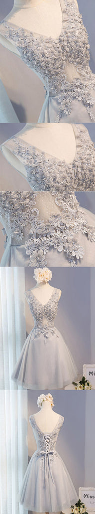 Junior Elegant Vintage Sleeveless V-neck Appliques Beads Lace Up Back For Teen Short Aline Homecoming Dress,BD0116