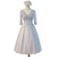 Light Grey Elegant Three-quarter Illusion Sleeve Appliques Beads V-neck  Lace Up Back  Tea-Length Homecoming Dress,BD0119