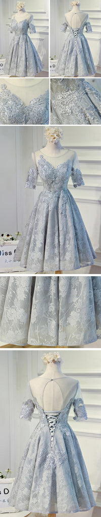 Vintage Half Sleeve Appliques Floral Prints Clairvoyant Outfit Lace Lace Up Back Tea-Length Homecoming Dress,BD0124