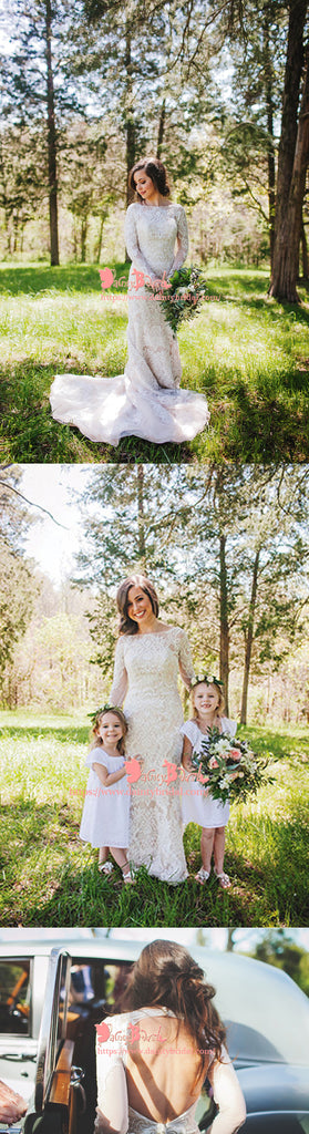 Gorgeous Ivory Lace Long Sleeve Portrait Neck Open Back Mermaid  Wedding Dresses,DB0113