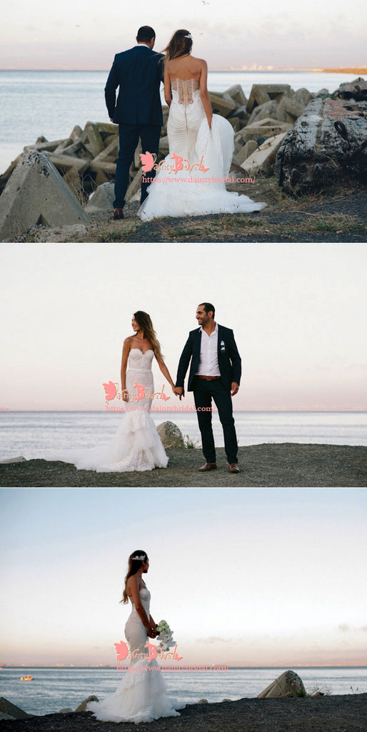 Newest Sexy Elegant  Lace Sweetheart Strapless See-through Back Mermaid Wedding Dresses,DB0116
