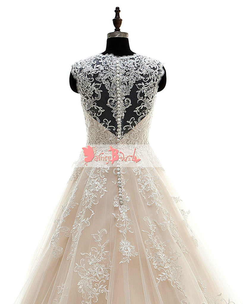 Light Nude Vintage Lace See Through Back Wedding Dresses,DB0131