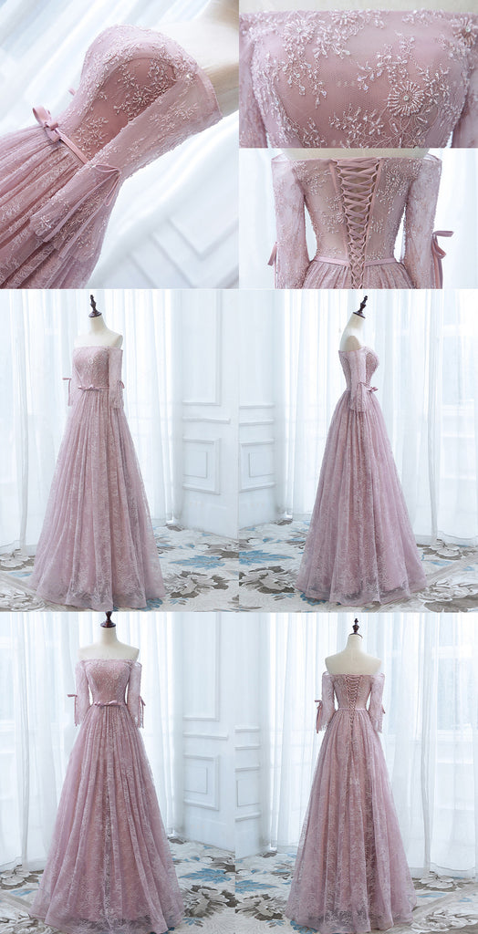 Elegant Off Shoulder Pink Lace Beading A-line Lace Up Back Half Sleeve Prom Dresses,WD0190
