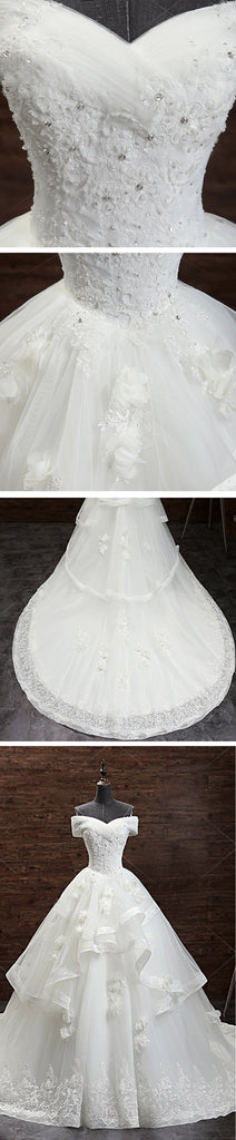Gorgeous Princess Lace Appliques Beading Off Shoulder Ruffles Ball Gown Detachable Watteau Train Wedding Dress,DB090