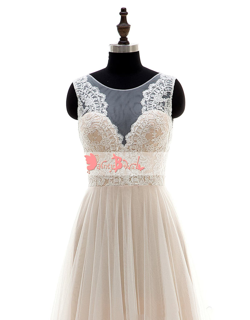 Simple Cheap Light Nude Lace Top A-line Wedding Dresses,DB0130