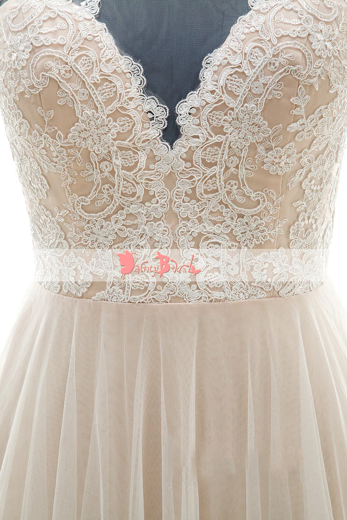 Simple Cheap Light Nude Lace Top A-line Wedding Dresses,DB0130