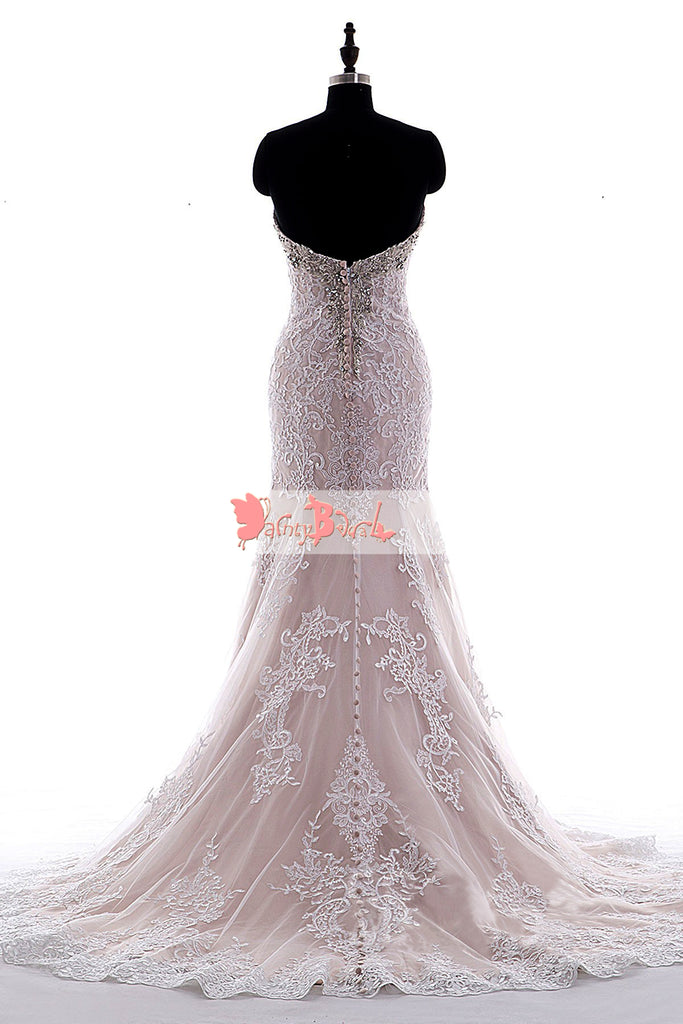 Sweetheart Strapless Nude Lining Ivory Lace Mermaid Wedding Dresses,DB0128