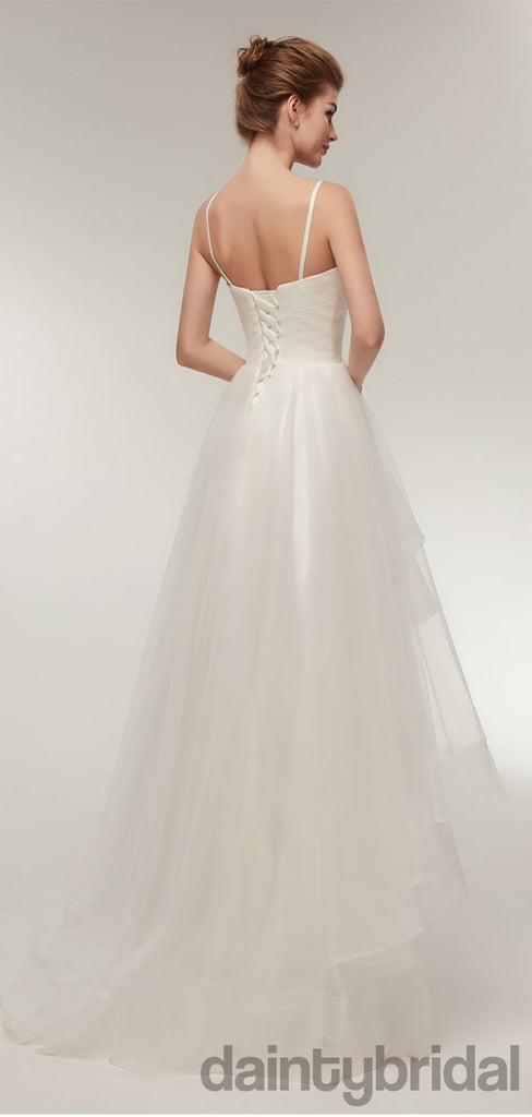 Popular white v-neck spaghetti strap lace up back organza pretty weeding dress .DB0097