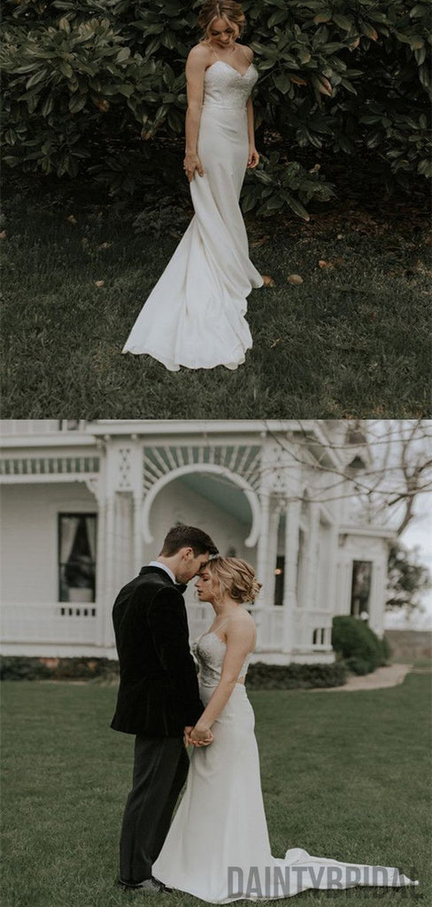 Spaghetti Straps V-neck Lace Wedding Dresses With Train.DB10051