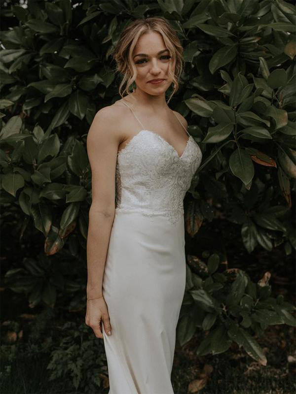 Spaghetti Straps V-neck Lace Wedding Dresses With Train.DB10051