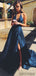 Elegant A-Line Deep V-Neck  Sleeveless Side Slit Lace Long Prom Dresses.DB10056