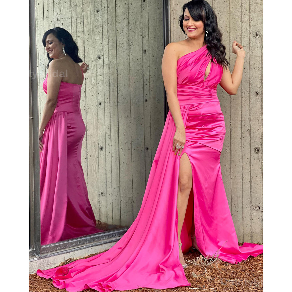 Elegant One Shoulder Mermaid Satin Fuchsia Side Slit Long Bridesmaid Dresses Online, BG770