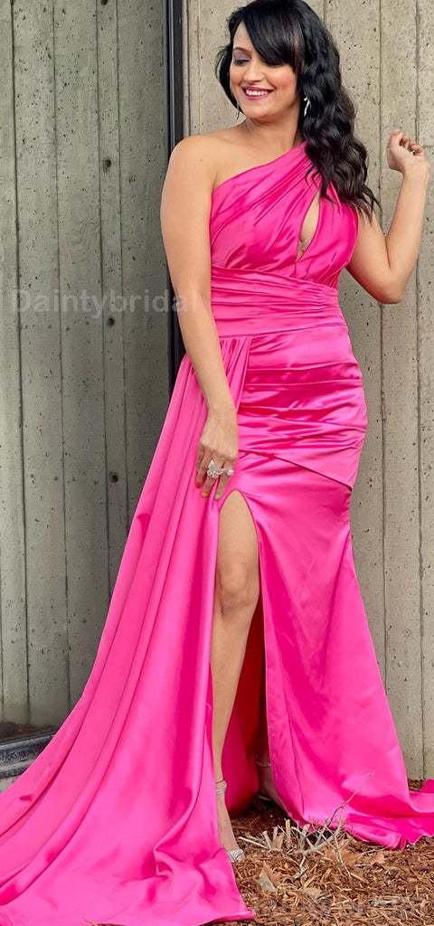 Elegant One Shoulder Mermaid Satin Fuchsia Side Slit Long Bridesmaid Dresses Online, BG770