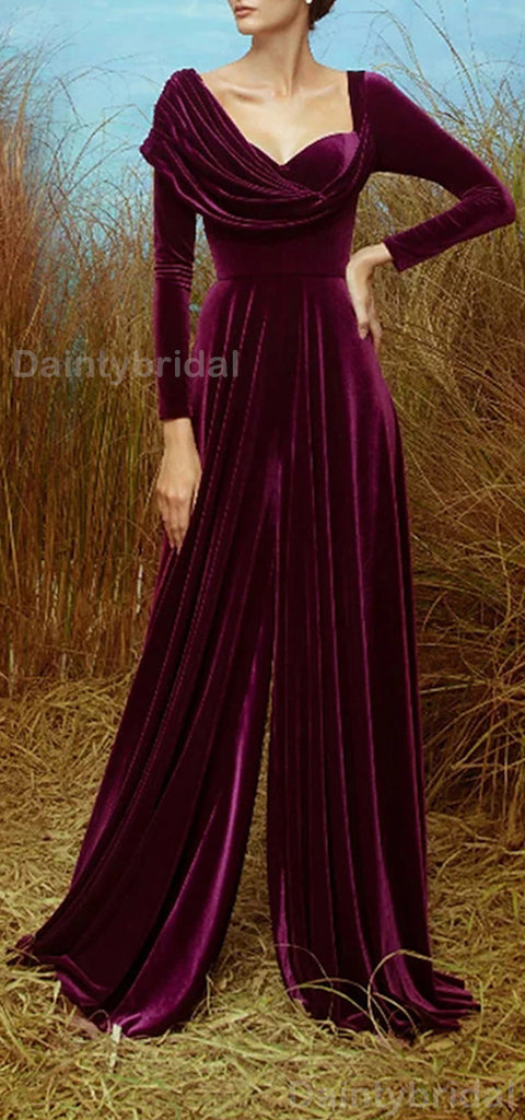 Elegant Long Sleeves A-line Front Slit Velvet Purple Long Evening Prom Dress Online, OL049