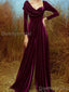 Elegant Long Sleeves A-line Front Slit Velvet Purple Long Evening Prom Dress Online, OL049