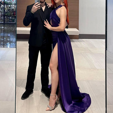 Elegant Halter Mermaid Side Slit Regency Satin Long Bridesmaid Dresses Online, BG726