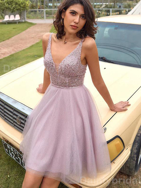 Sparkly V-neck A-line Sleeveless Tulle Short Homecoming Dresses Online, HD0669