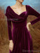 Elegant Long Sleeves A-line Front Slit Velvet Purple Long Evening Prom Dress Online, OL049