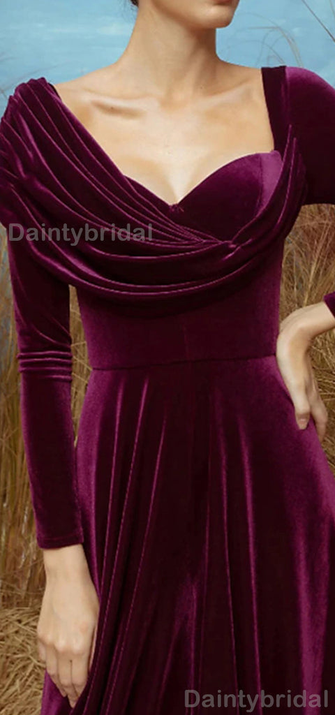 Elegant Long Sleeves A-line Front Slit Velvet Purple Long Evening Prom Dress Online, OL049