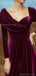 Elegant Long Sleeves A-line Front Slit Velvet Purple Long Evening Prom Dress Online, OL049