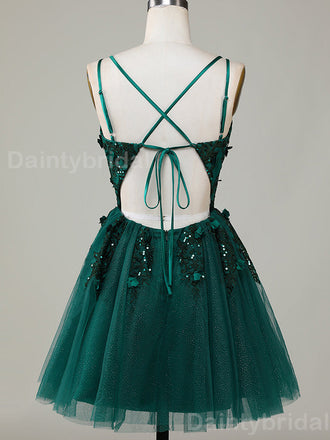 Sparkly Spaghetti Straps V-neck Short Tulle Dark Green Homecoming Dresses Online, HD0693