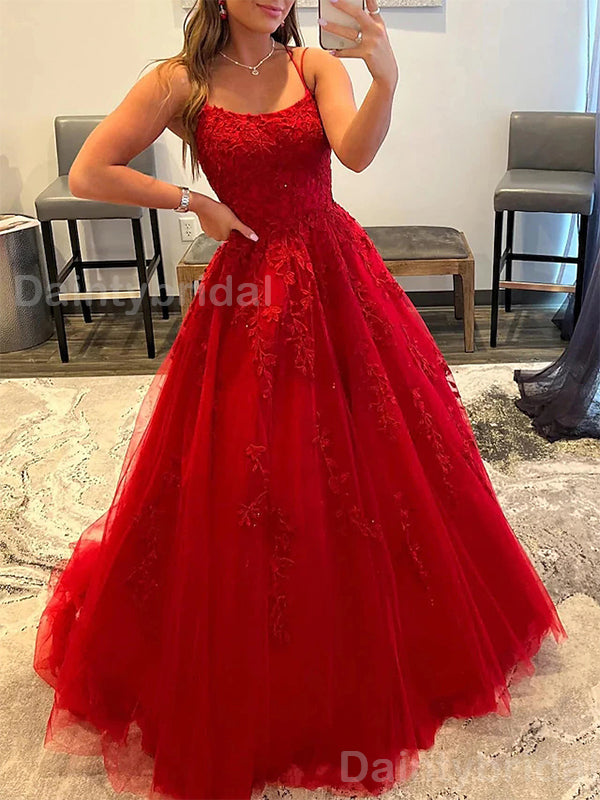 Elegant Spaghtti Straps A-line Tulle Red Applique Evening Prom Dress Online, OL067