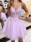 Elegant Spaghetti Straps V-neck A-line Tulle Short Homecoming Dresses Online, HD0653