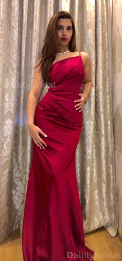 Elegant One Shoulder Mermaid Satin Burgundy Long Bridesmaid Dresses Online, BG771