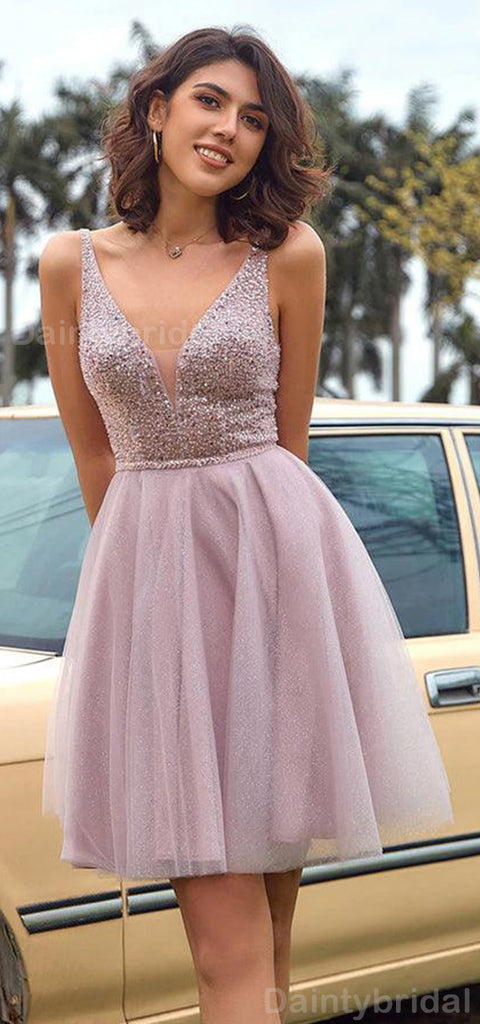 Sparkly V-neck A-line Sleeveless Tulle Short Homecoming Dresses Online, HD0669