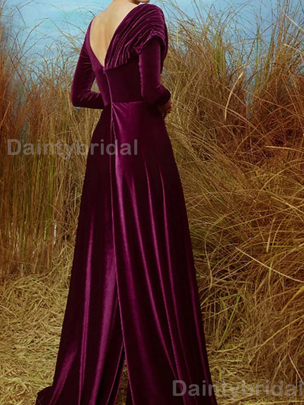 Elegant Long Sleeves A-line Front Slit Velvet Purple Long Evening Prom Dress Online, OL049