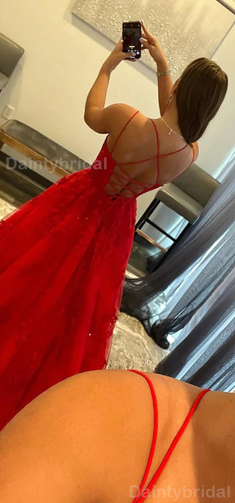 Elegant Spaghtti Straps A-line Tulle Red Applique Evening Prom Dress Online, OL067