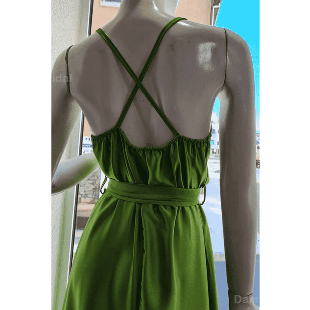 Elegant Spaghetti Straps A-line V-neck Satin Green Long Bridesmaid Dresses Online, BG751