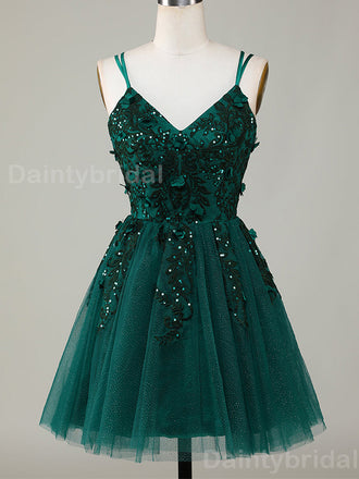 Sparkly Spaghetti Straps V-neck Short Tulle Dark Green Homecoming Dresses Online, HD0693