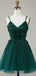 Sparkly Spaghetti Straps V-neck Short Tulle Dark Green Homecoming Dresses Online, HD0693