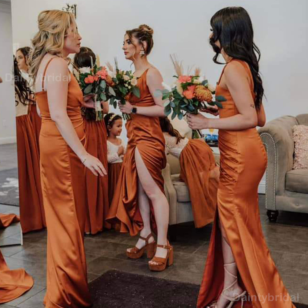 Mismatched Spaghetti Straps V-neck Mermaid Side Slit Satin Burnt Orange Long Bridesmaid Dresses Online, BG740