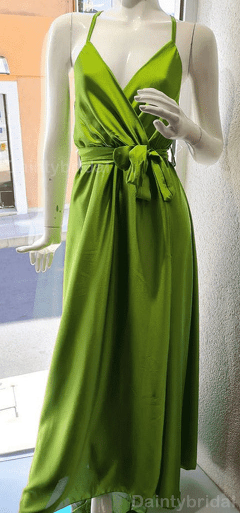 Elegant Spaghetti Straps A-line V-neck Satin Green Long Bridesmaid Dresses Online, BG751