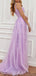 Elegant Spaghtti Straps A-line Tulle Lilac Applique Side Slit Evening Prom Dress Online, OL068