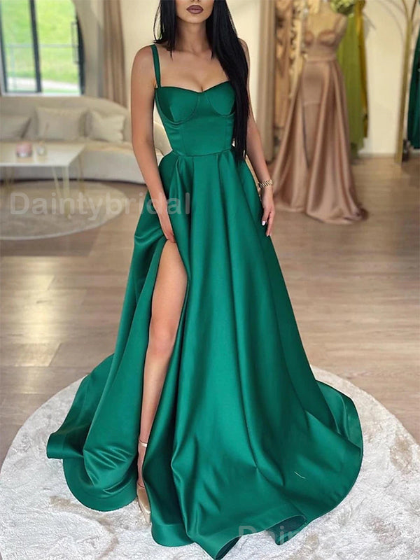 Elegant Spaghetti Straps Side Slit A-line Satin Dark Green Evening Prom Dress Online, OL084