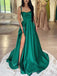 Elegant Spaghetti Straps Side Slit A-line Satin Dark Green Evening Prom Dress Online, OL084