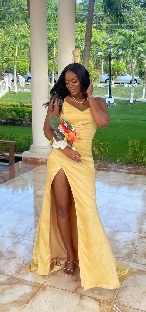 Simple Spaghetti Straps Side Slit Lemon Long Satin Bridesmaid Dresses Online, BG721