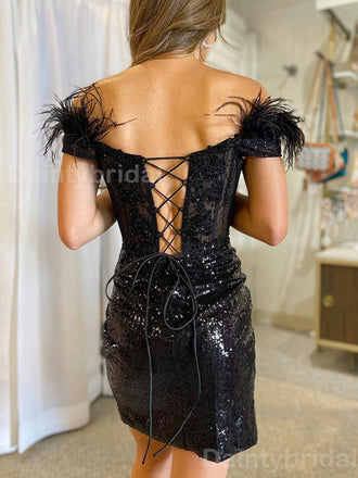 Sparkly Off Shoulder Mermaid Black Sequins Short Homecoming Dresses Online, HD0740