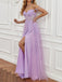 Elegant Spaghtti Straps A-line Tulle Lilac Applique Side Slit Evening Prom Dress Online, OL068