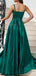 Elegant Spaghetti Straps Side Slit A-line Satin Dark Green Evening Prom Dress Online, OL084