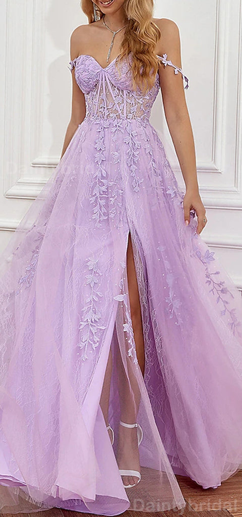 Elegant Spaghtti Straps A-line Tulle Lilac Applique Side Slit Evening Prom Dress Online, OL068