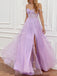 Elegant Spaghtti Straps A-line Tulle Lilac Applique Side Slit Evening Prom Dress Online, OL068